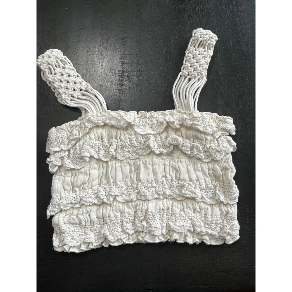 Vintage Havana White Smocked Lace‎ Ruffle Crop Top Macrame Straps Small Boho